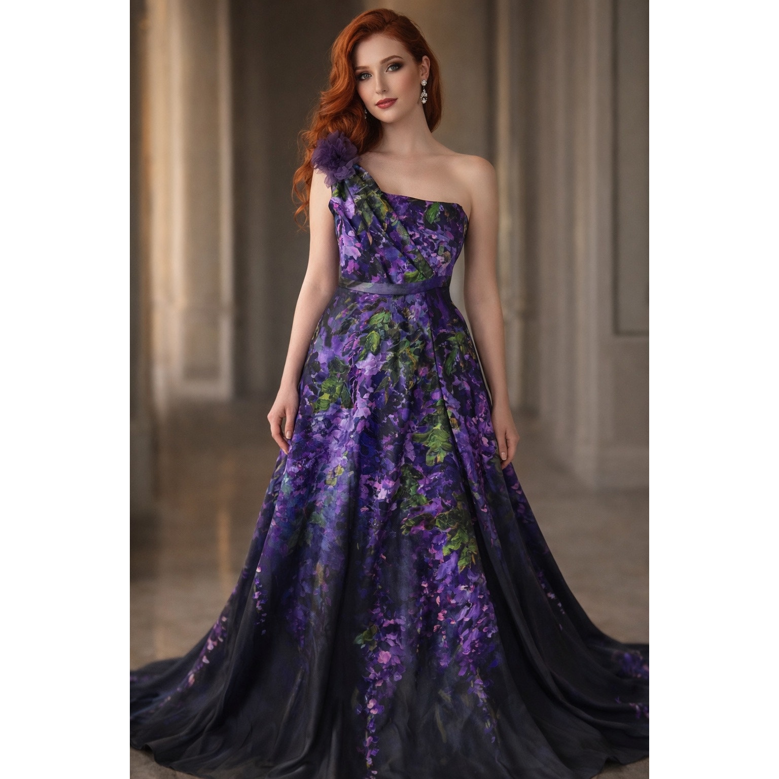 Marchesa Notte Purple Floral Duchess One Shoulder Cinched Waist Gown Size 0